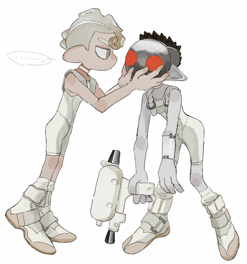 ..., 13_shade, 2boys, agent_8_(splatoon), bodysuit, boots, colored_skin, commentary