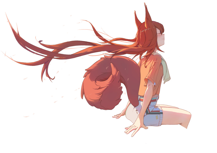 1girl, animal_ears, arknights, belt, blush, brown_belt, brown_hair, brown_tail, closed_eyes, closed_mouth, cropped_legs, crown_(symbol), feet_out_of_frame, flametail_(arknights), flametail_(sport_for_all)_(arknights), floating_hair, from_side, green_belt, green_scarf, grey_shorts, highres, invisible_chair, long_hair, official_alternate_costume, orange_shirt, profile, scarf, shirt, short_sleeves, shorts, simple_background, sitting, smile, solo, squirrel_ears, squirrel_girl, squirrel_tail, tail, tail_raised, very_long_hair, wei_mie_(not_extinguished), white_background, wind