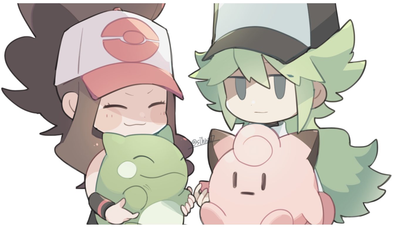 1boy, 1girl, :3, artist_name, baseball_cap, border, brown_hair, clear_2758, clefairy, closed_eyes, closed_mouth, commentary_request, doll, green_hair, hat, hilda_(pokemon), long_hair, n_(pokemon), poke_ball_print, pokemon, pokemon_bw, print_headwear, simple_background, substitute_(pokemon), twitter_username, unamused, watermark, white_background, white_border