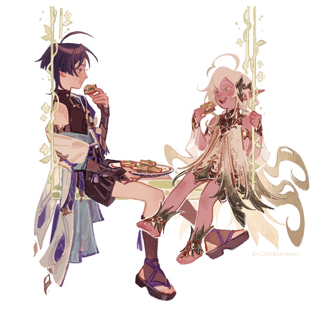 1boy, 1girl, ahoge, alternate_hairstyle, artist_name, bare_shoulders, barefoot, belt