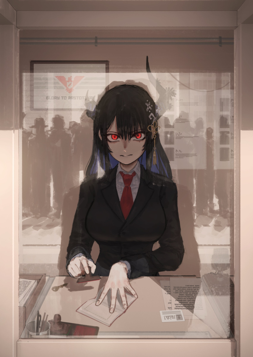 1girl, absurdres, asymmetrical_horns, black_hair, breasts, closed_mouth, collared_shirt, english_commentary