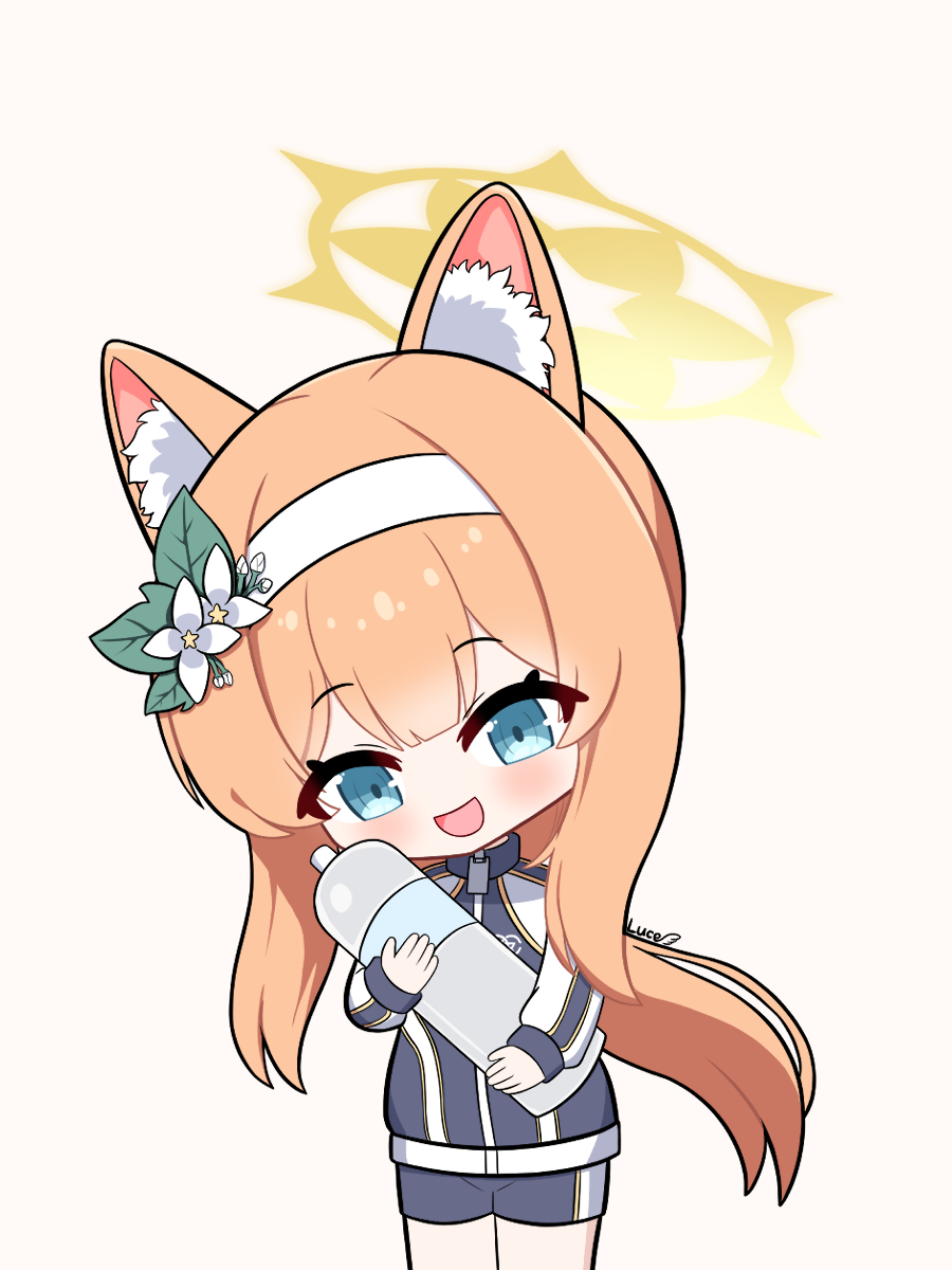 1girl, :d, animal_ear_fluff, animal_ears, artist_name, black_jacket, black_shorts, blue_archive
