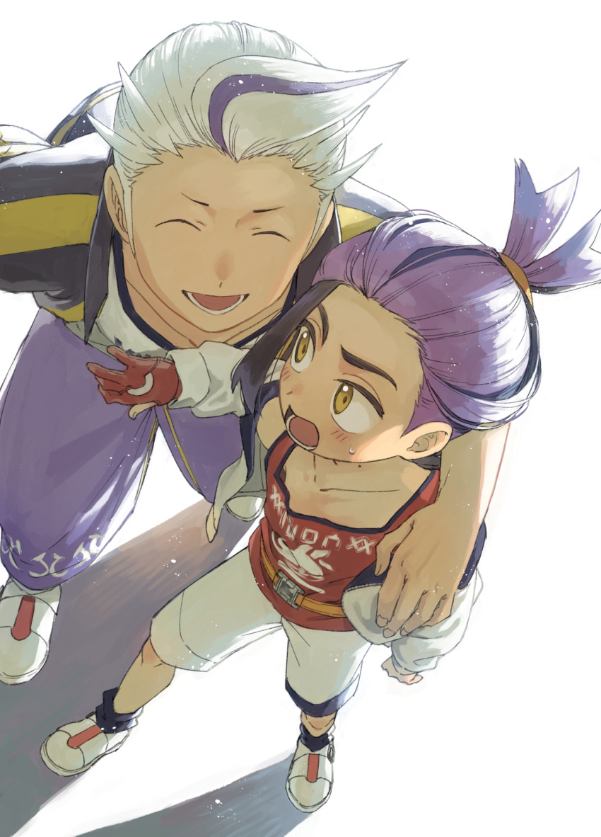 2boys, black_hair, closed_eyes, collarbone, commentary_request, drayton_(pokemon), from_above, gloves