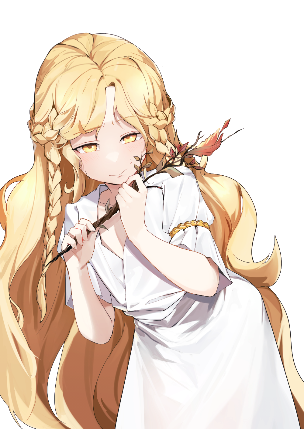 1boy, blonde_hair, braid, branch, charles_(gu599), closed_mouth, commentary_request, dress, elden_ring, highres, holding, holding_branch, korean_commentary, long_hair, male_focus, miquella_(elden_ring), otoko_no_ko, simple_background, solo, twin_braids, very_long_hair, white_background, white_dress, yellow_eyes