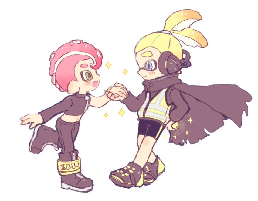 2boys, :d, agent_3_(splatoon), agent_8_(splatoon), bike_shorts, black_cape, black_footwear, black_jacket