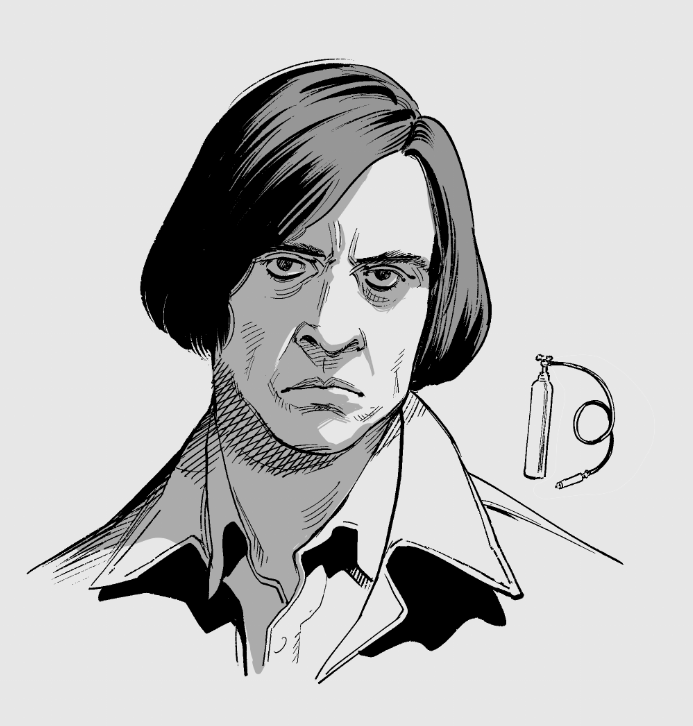 1boy, anton_chigurh, close-up, closed_mouth, collared_shirt, frown, greyscale, hiro_(chumo), jacket, looking_ahead, looking_at_viewer, male_focus, monochrome, no_country_for_old_men, portrait, shirt, short_hair, solo, straight_hair