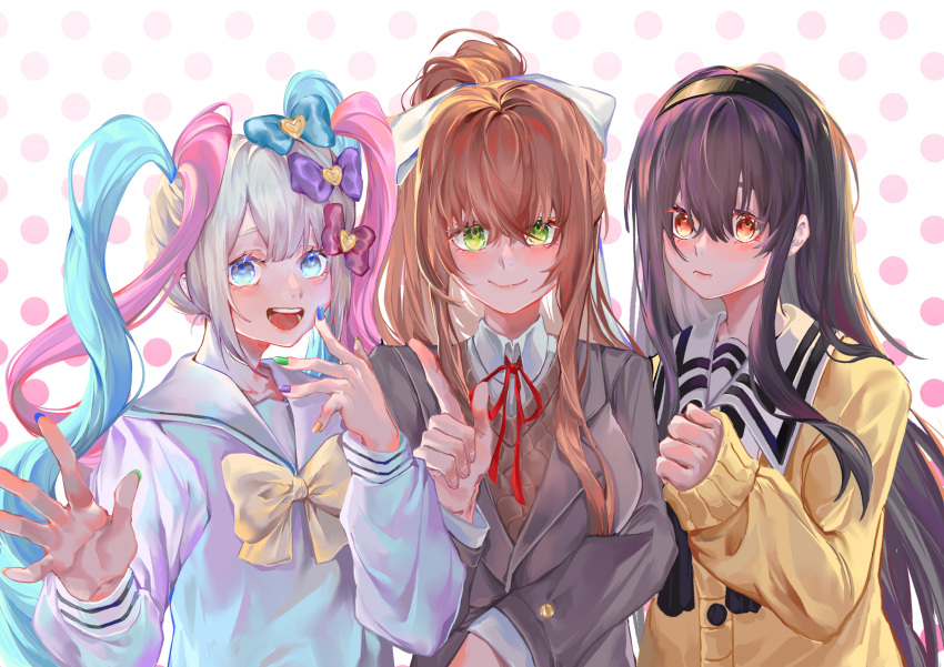 3girls, absurdres, black_hairband, blue_hair, chouzetsusaikawa_tenshi-chan, closed_mouth, crossover, doki_doki_literature_club, fujimaru_koko, green_eyes, hairband, highres, kimi_to_kanojo_to_kanojo_no_koi., monika_(doki_doki_literature_club), multicolored_nails, multiple_girls, needy_girl_overdose, open_mouth, quad_tails, red_eyes, sailor_collar, school_uniform, serafuku, smile, sone_miyuki, tagme, trait_connection