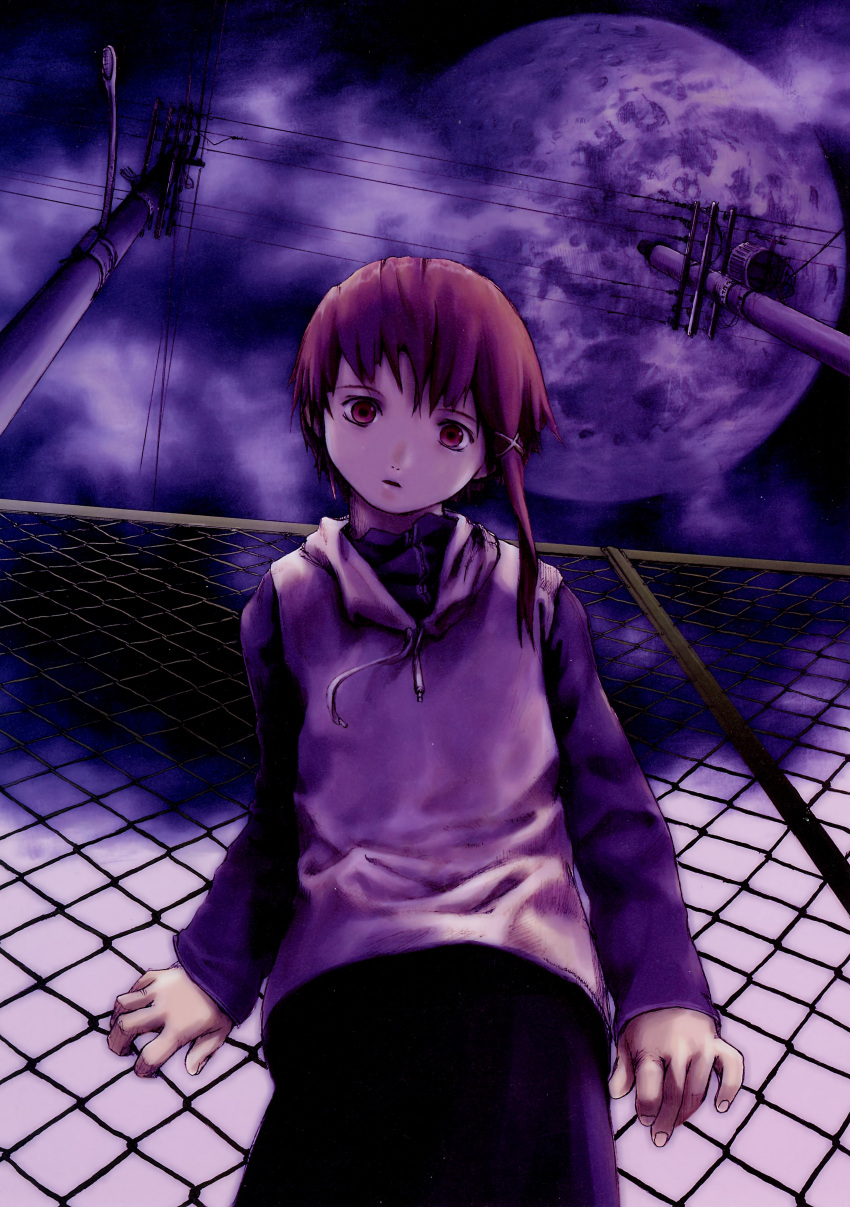 1990s_(style), 1girl, abe_yoshitoshi, absurdres, black_skirt, brown_eyes, brown_hair, chain-link_fence