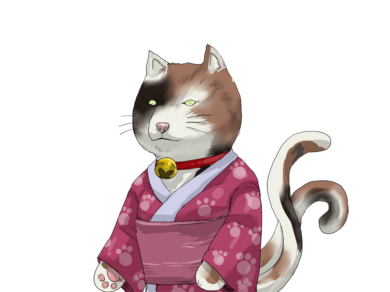 1girl, animal_ears, artist_request, bell, black_fur, bmp-to-png_conversion, brown_fur, cat_ears
