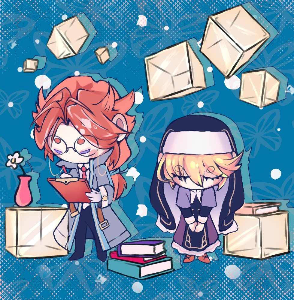 1boy, 1girl, blonde_hair, blue_background, book, book_stack, bowing, brown_hair