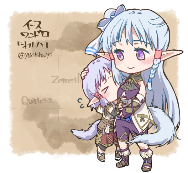 >_<, 2girls, adol_christin, adol_christin_(cosplay), artist_name, blue_bow, blue_hair, border, bow, closed_mouth, commentary_request, cosplay, deformed, isha_(ys), karja_balta, karja_balta_(cosplay), long_hair, map, multiple_girls, olha_(ys), outside_border, pointy_ears, siblings, sisters, smile, standing, tail, translation_request, twitter_username, violet_eyes, white_border, ys, ys_vi_ark_of_napishtim, ys_x_nordics, yukihiro_ys