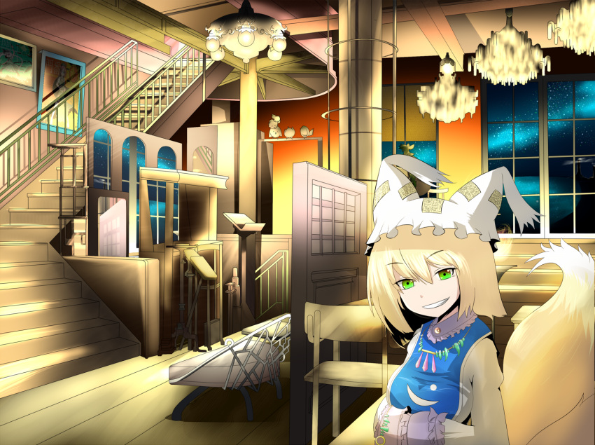 cameo, chair, chandelier, fox_tail, green_eyes, grin, hands_in_sleeves, hat, highres, hong_meiling, indoors, jewelry, konpaku_youmu, multiple_tails, necklace, night, picture, riipha_(artist), short_hair, smile, stairs, tail, touhou, window, yakumo_ran