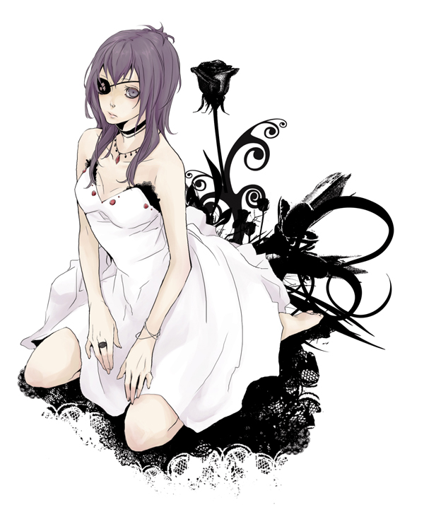 barefoot, chrome_dokuro, dress, eyepatch, flower, jewelry, katekyo_hitman_reborn, long_hair
