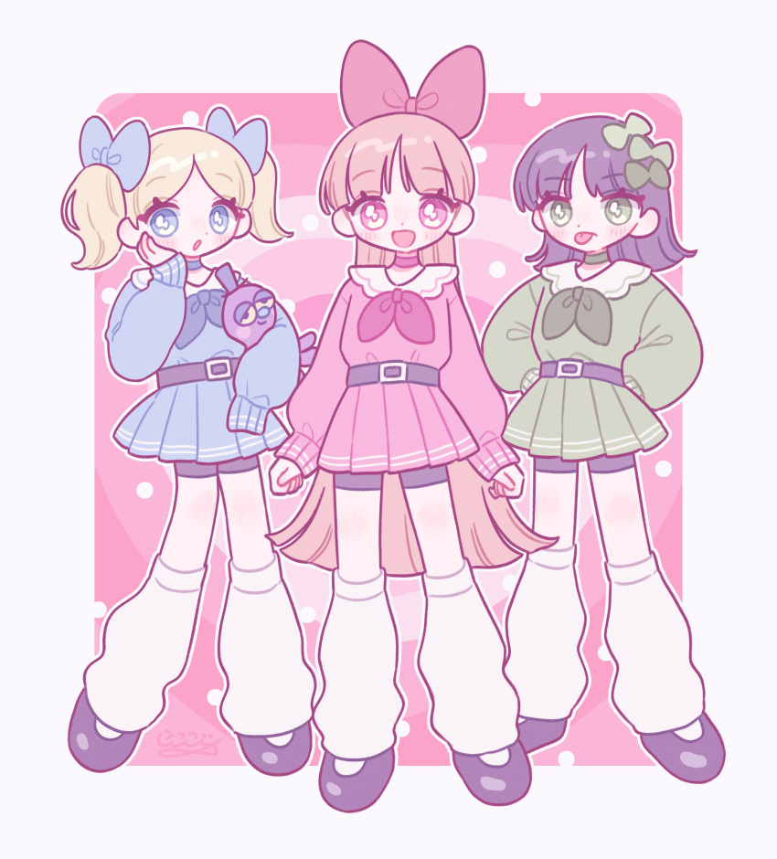 3girls, absurdres, black_footwear, black_hair, blonde_hair, blossom_(ppg), blue_dress, border