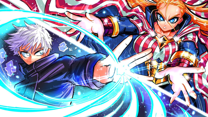 1boy, 1girl, blonde_hair, blue_eyes, boku_no_hero_academia, bright_pupils, cape, collarbone