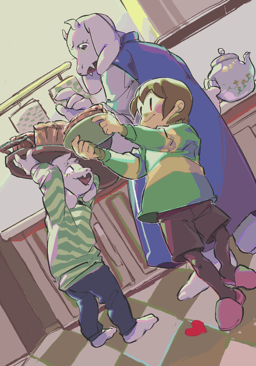 1boy, 1girl, 1other, androgynous, animal_ears, asriel_dreemurr, black_eyes, black_pants