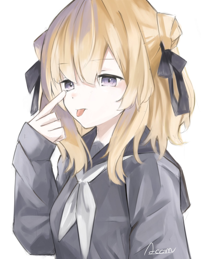 1girl, acorn12_o, akanbe, black_serafuku, blonde_hair, breasts, commentary, double_bun
