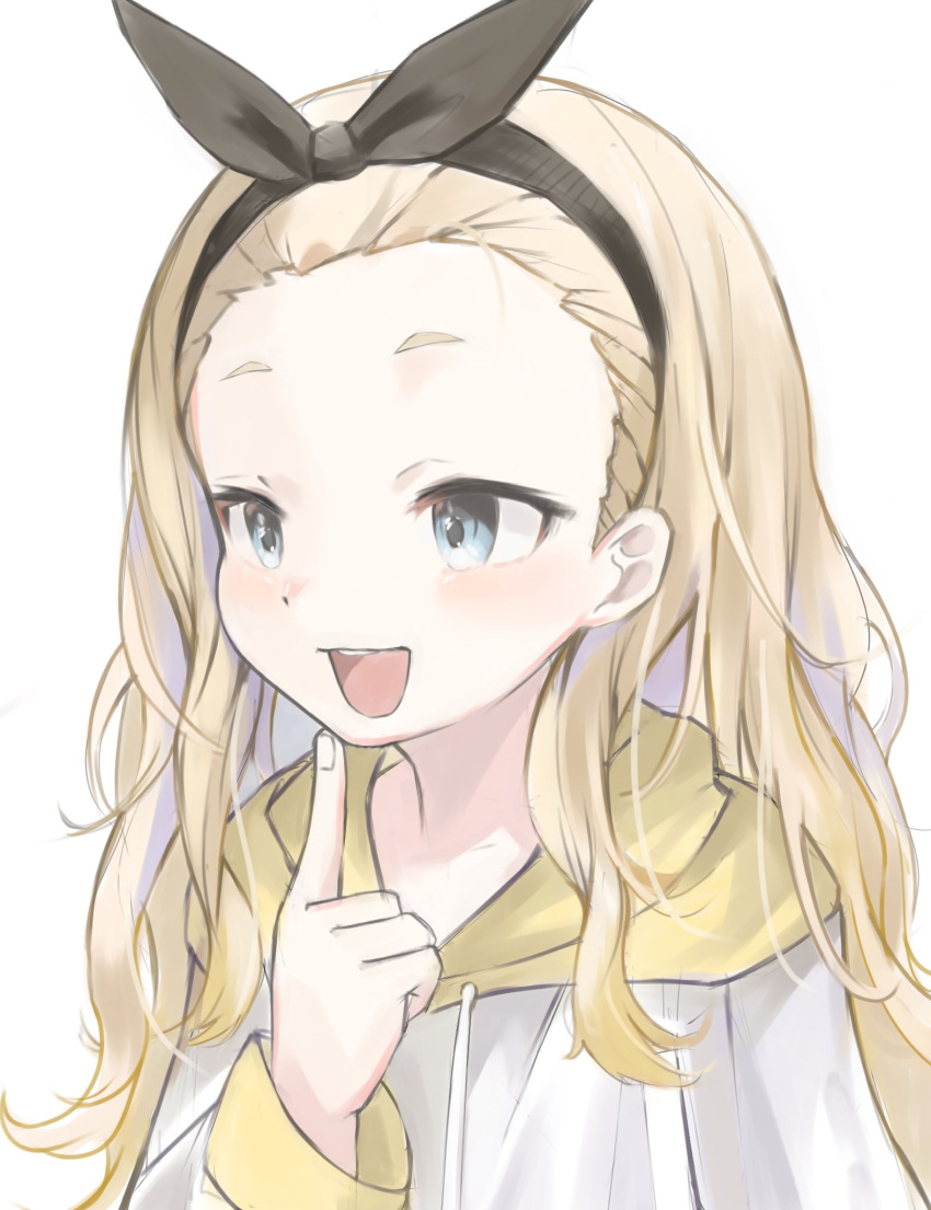 1girl, acorn12_o, black_hairband, blonde_hair, blue_eyes, commentary_request, finger_to_own_chin, forehead