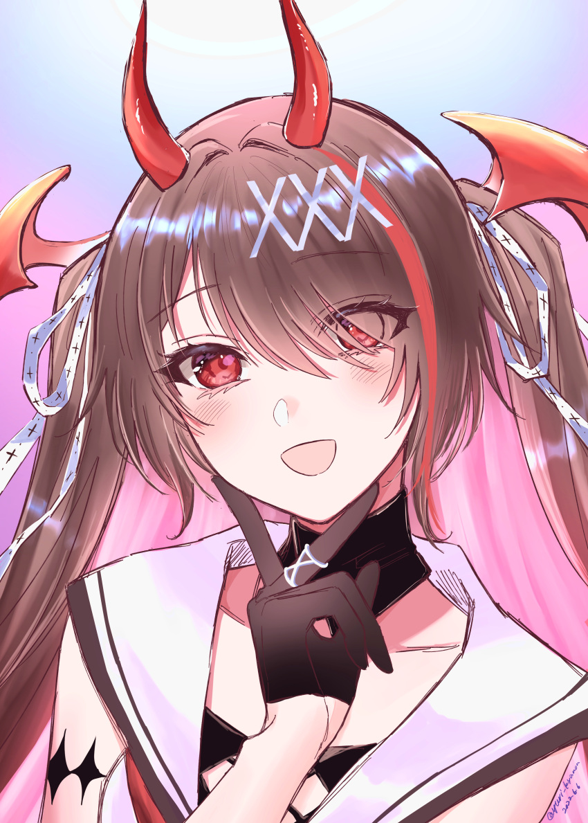 1girl, absurdres, black_gloves, blue_background, brown_hair, commentary_request, demon_horns, gloves