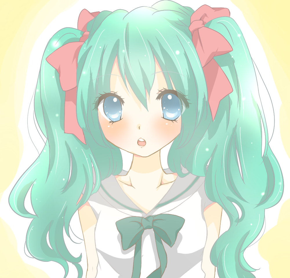 aqua_eyes, aqua_hair, blush, bow, hair_ribbon, hatsune_miku, mashiro_momo, open_mouth, ribbon, solo, twintails, vocaloid