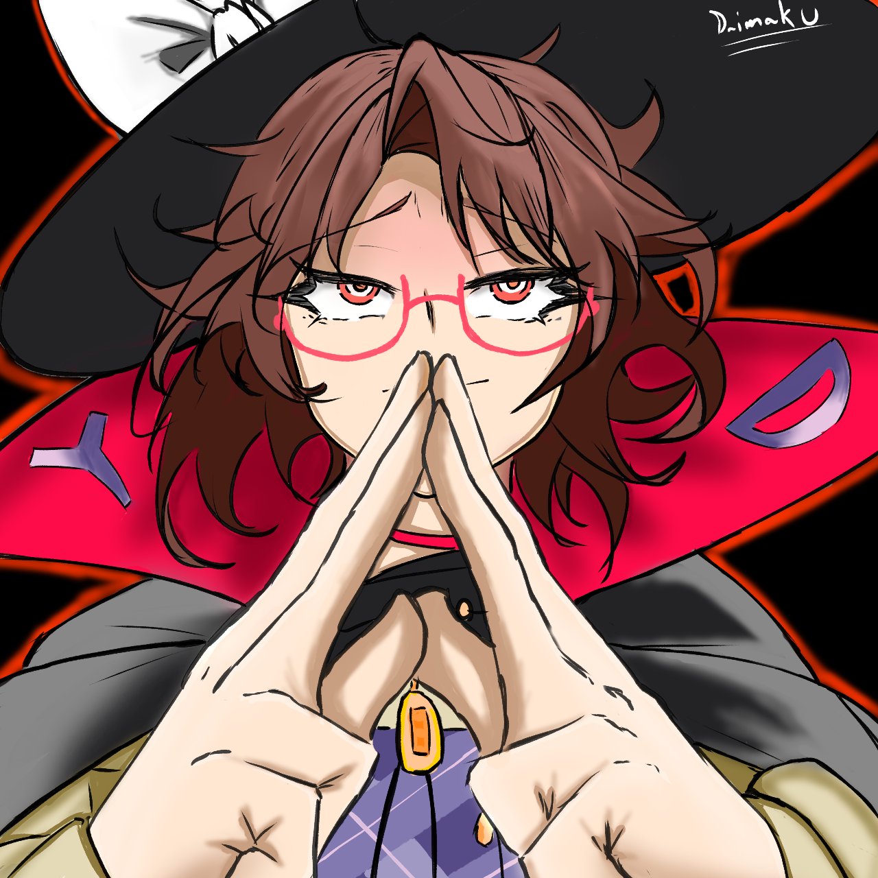 1girl, black_headwear, bow, cape, closed_mouth, commentary, crossed_fingers, daimaku, domain_expansion, english_commentary, hat, hat_bow, highres, jujutsu_kaisen, red-framed_eyewear, red_eyes, semi-rimless_eyewear, solo, touhou, under-rim_eyewear, upper_body, usami_sumireko