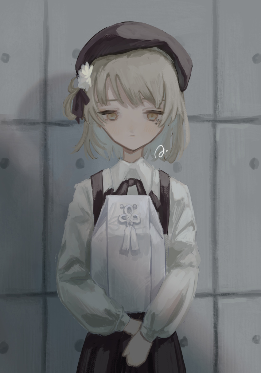 1girl, abashiri_(rinkai), absurdres, beret, black_headwear, black_ribbon, box, brown_hair, collared_shirt, commentary_request, concrete, cowboy_shot, expressionless, flower, hair_flower, hair_ornament, hair_ribbon, half-closed_eyes, hat, hatoba_tsugu, highres, holding, holding_box, kotsubako, long_sleeves, looking_at_viewer, mole, mole_under_eye, neck_ribbon, pleated_skirt, ribbon, shadow, shirt, short_hair, signature, single_hair_ring, skirt, solo, suspender_skirt, suspenders, tsugu_(vtuber), v_arms, virtual_youtuber, white_flower, white_shirt