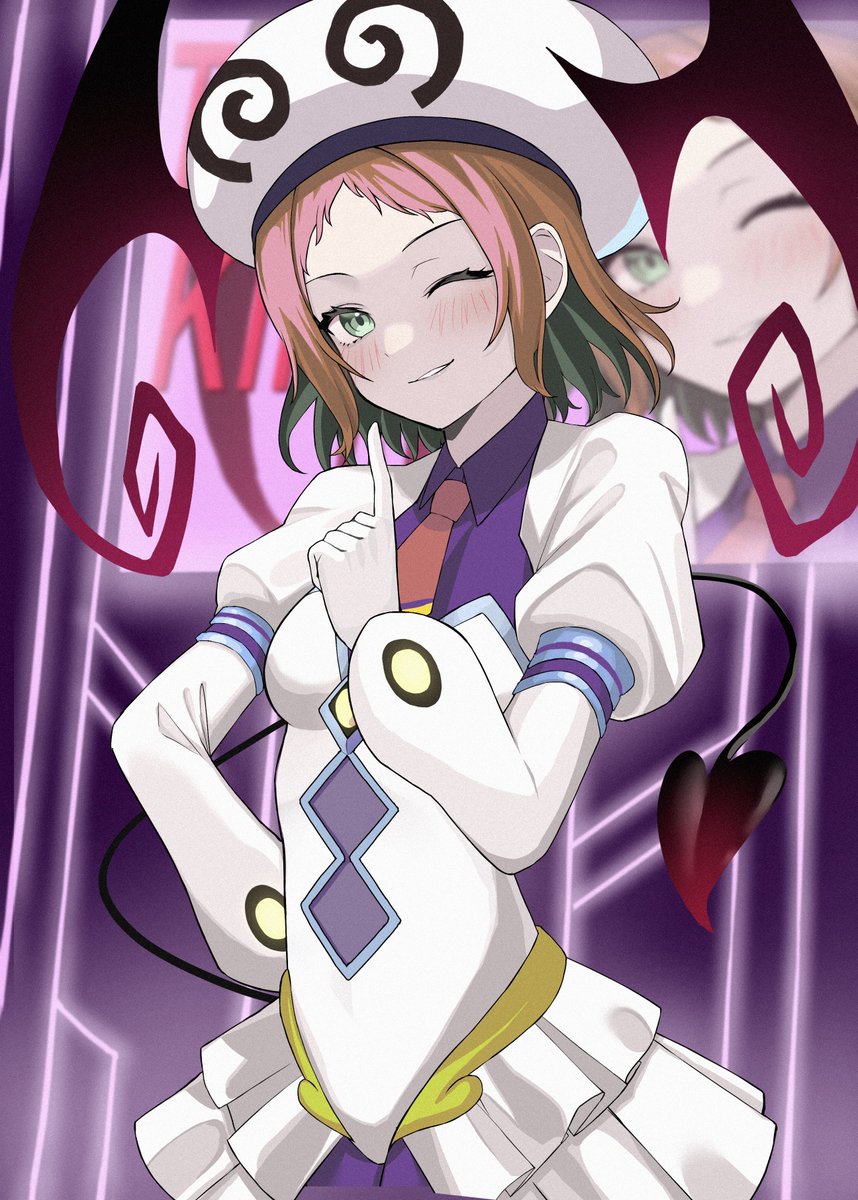 1girl, blush, breasts, brown_hair, commentary_request, cosplay, demon_tail, gloves