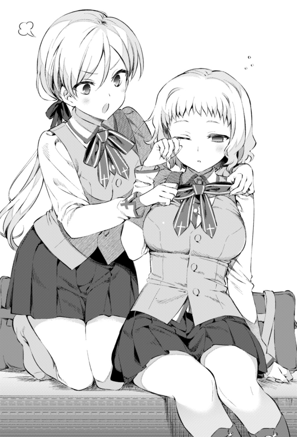 2girls, adjusting_another's_clothes, alternate_costume, blush, bow, bowtie, breasts, couch