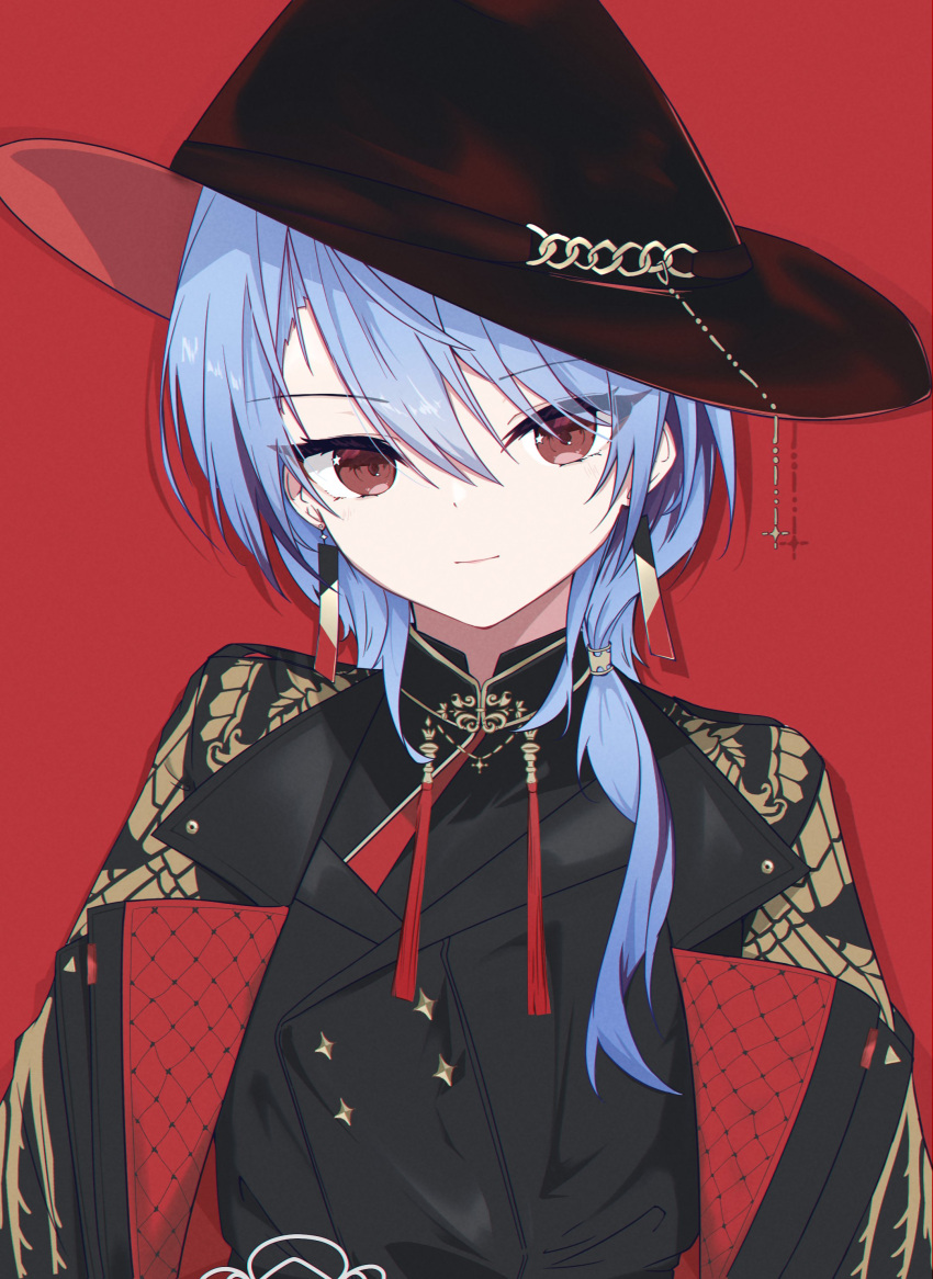 1girl, absurdres, black_headwear, black_jacket, black_shirt, blue_hair, closed_mouth, collared_shirt