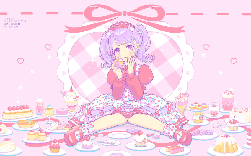 1girl, absurdres, blush_stickers, cake, candy, cherry, commentary, commission, cupcake, doughnut, dress, empty_plate, eyelashes, fondue, food, fork, fruit, hairband, heart, highres, holding, holding_food, ice_cream, juliet_sleeves, licking_lips, lolita_fashion, lolita_hairband, long_sleeves, looking_at_viewer, macaron, muffin, original, pie, polka_dot, polka_dot_dress, polka_dot_socks, puffy_sleeves, purple_hair, red_shirt, shirt, skeb_commission, solo, strawberry, strawberry_cake, sugar_cube, sweet_lolita, sweets, tongue, tongue_out, twintails, uxu_uxa_axa, violet_eyes, wrapped_candy