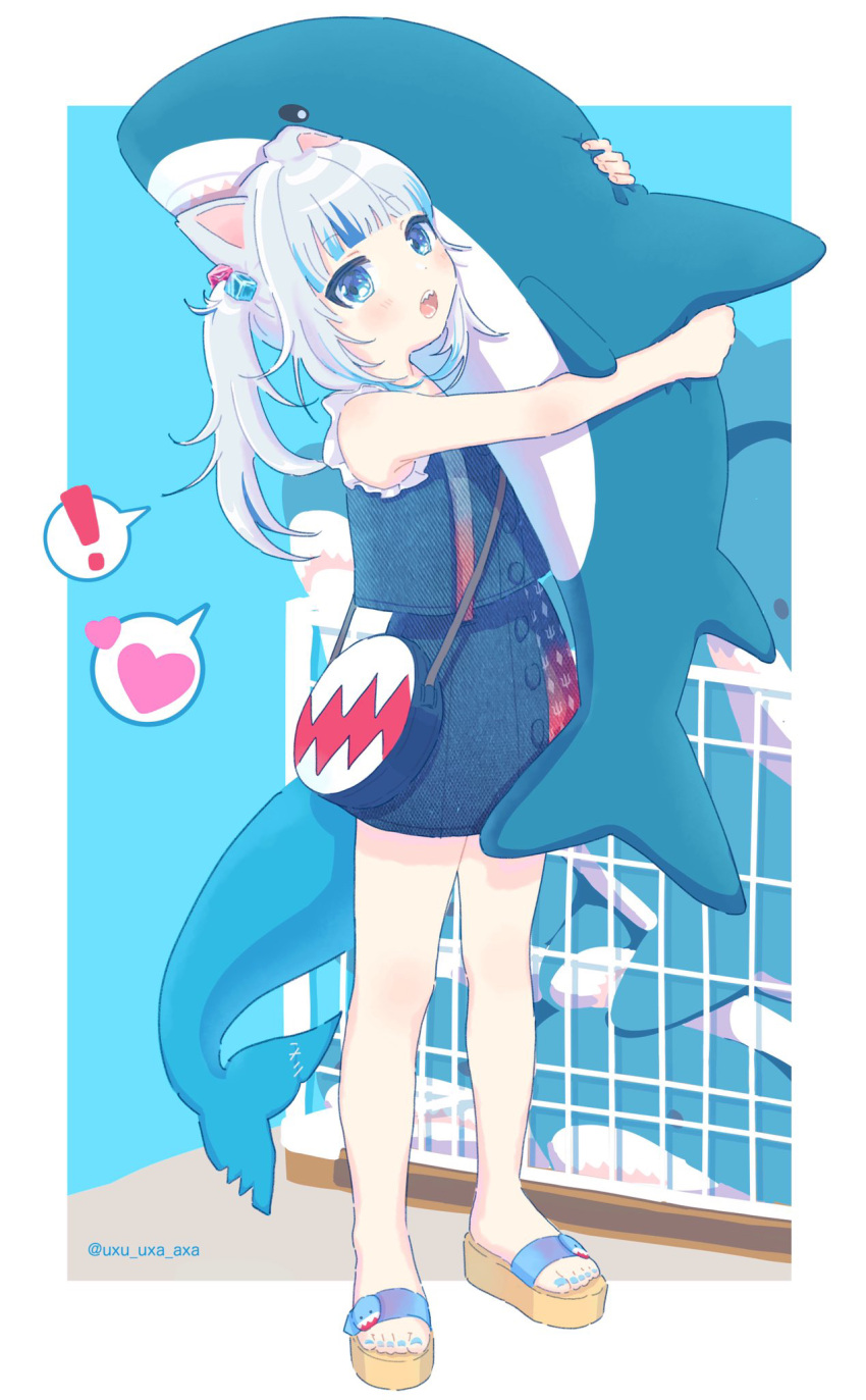!, 1girl, animal_ears, bag, bare_arms, blue_eyes, blue_nails, blunt_bangs