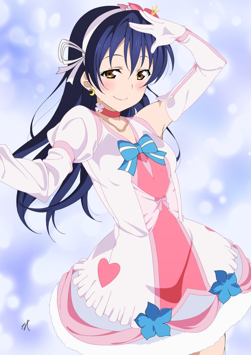 1girl, blue_bow, blue_hair, bokutachi_wa_hitotsu_no_hikari, bow, brown_eyes, closed_mouth, collarbone, commentary_request, crescent, crescent_earrings, dress, earrings, elbow_gloves, gloves, highres, jewelry, looking_at_viewer, love_live!, love_live!_school_idol_project, nagi_mkrnpn, sidelocks, signature, smile, solo, sonoda_umi, upper_body, white_dress, white_gloves