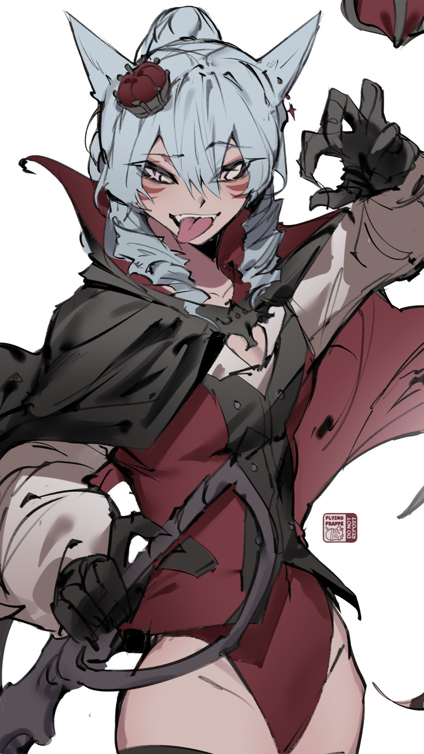 absurdres, animal_ears, artist_logo, black_cape, black_thighhighs, black_vest, blood, blood_on_face, blood_on_hands, blood_on_tongue, breasts, cape, claws, cowboy_shot, drill_hair, facial_mark, fangs, final_fantasy, final_fantasy_xiv, flying-frappuccino, fox_ears, fox_girl, highres, holding, holding_sword, holding_weapon, leotard, looking_ahead, looking_at_viewer, original, pink_eyes, red_cape, red_leotard, red_mage_(final_fantasy), red_vest, simple_background, slit_pupils, small_breasts, straight_hair, sword, teeth, thigh-highs, tongue, tongue_out, twin_drills, vest, weapon, whisker_markings, white_background, white_hair