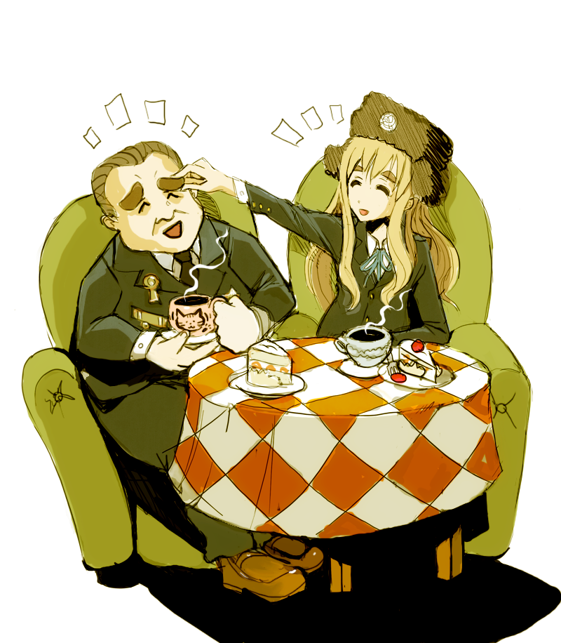 cake, chair, checkered, closed_eyes, coffee, drawfag, eyebrows, food, formal, fur_hat, hammer_and_sickle, hat, k-on!, kotobuki_tsumugi, leonid_brezhnev, loafers, pastry, russia, school_uniform, shoes, smile, soviet, suit, table, tea, thick_eyebrows, ushanka