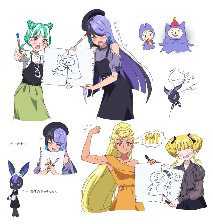 >_<, :d, arm_up, bare_shoulders, beret, black_camisole, black_dress, black_hair
