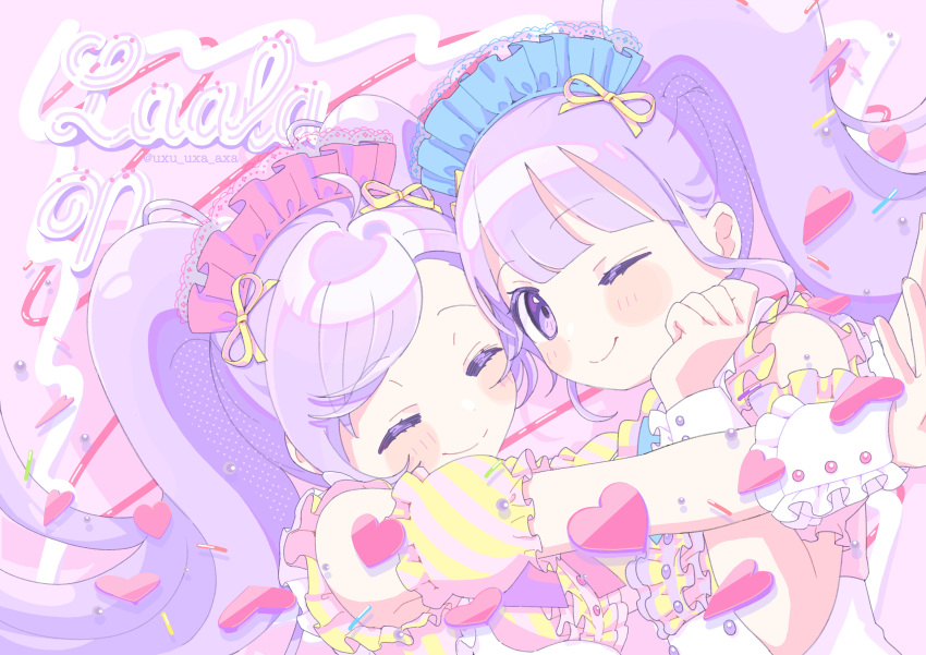 2girls, absurdres, closed_eyes, confetti, detached_sleeves, dot_nose, eyelashes, frilled_sleeves