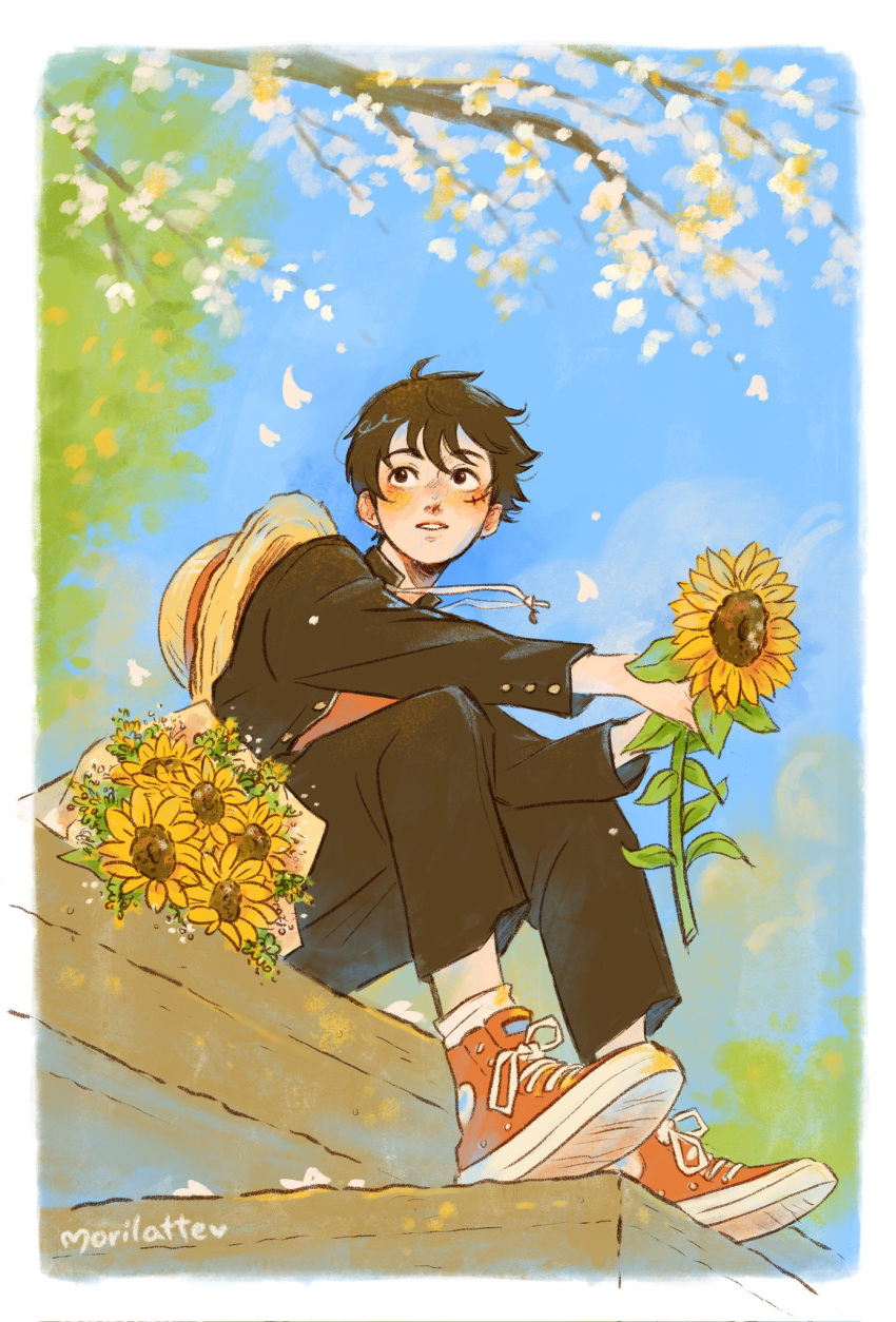 1boy, artist_name, black_hair, blue_sky, bouquet, branch, day, flower