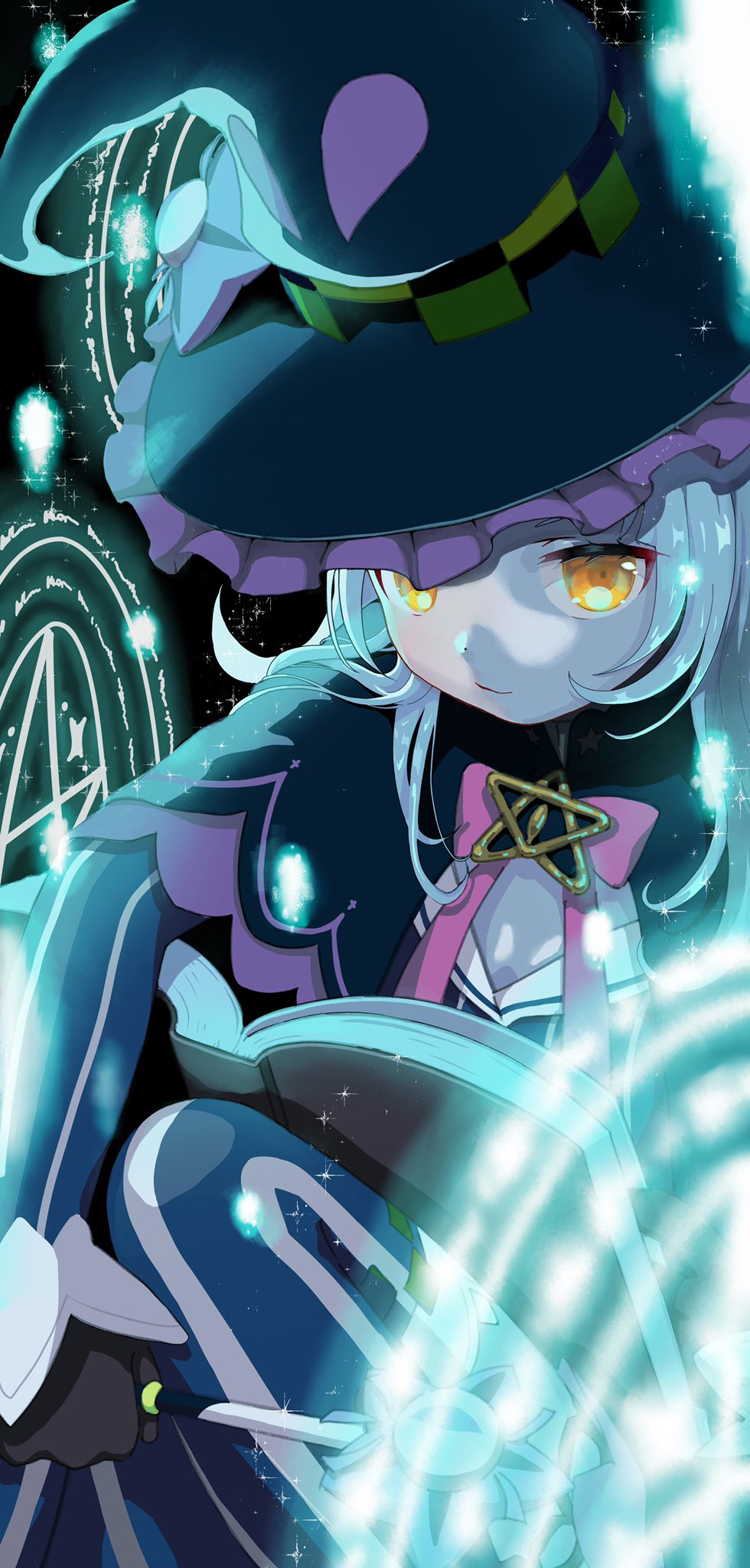 1girl, black_headwear, book, closed_mouth, dot_nose, eyelashes, frilled_headwear, hat