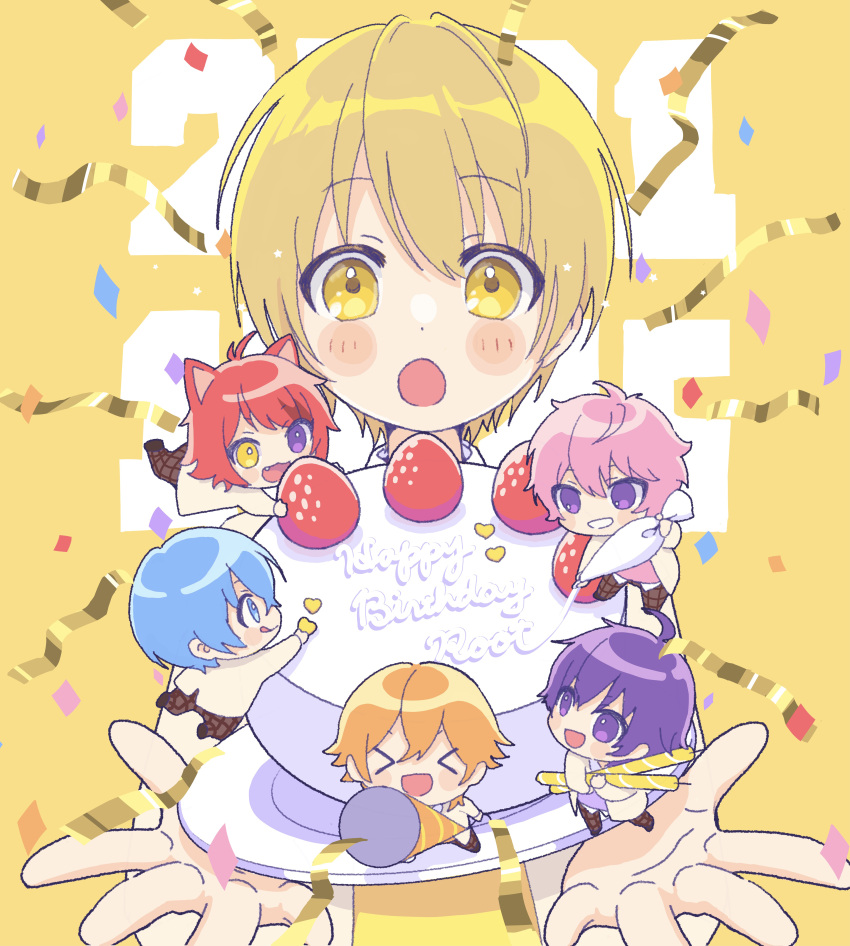 >_<, 6+boys, absurdres, ahoge, animal_ears, blonde_hair, blue_hair, blush_stickers