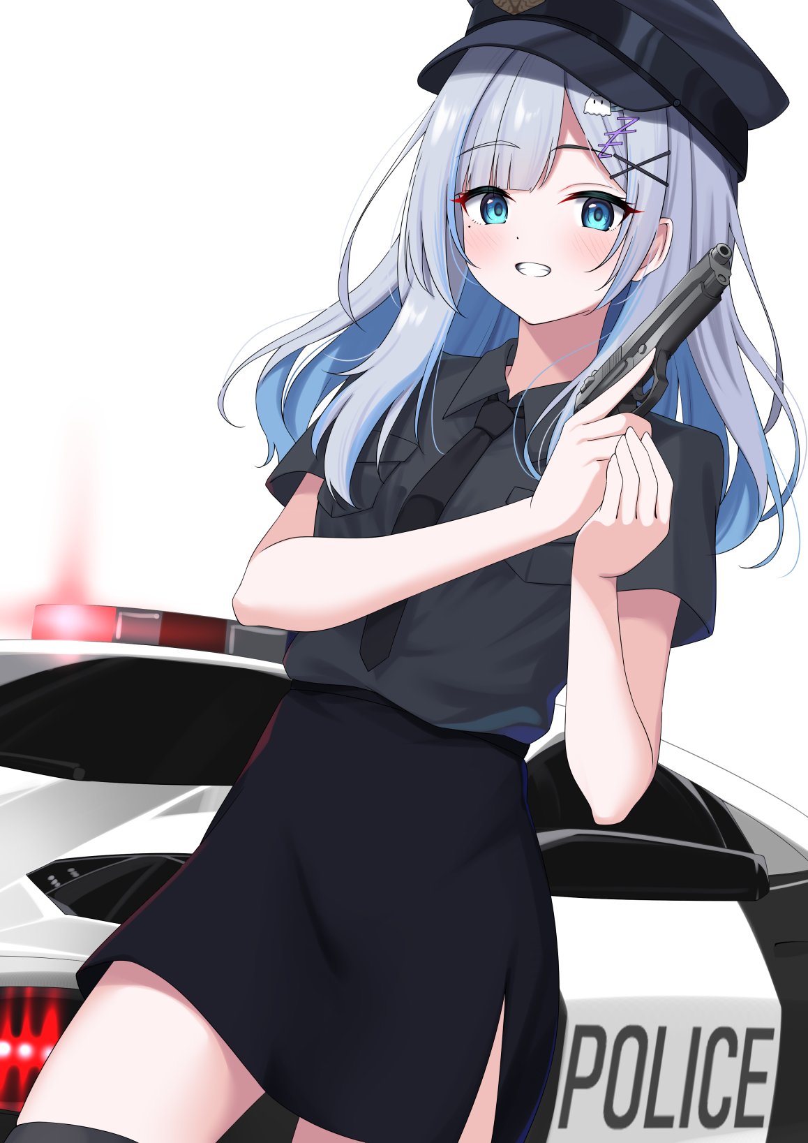 1girl, :d, black_headwear, black_necktie, black_shirt, black_skirt, blue_eyes, blue_hair