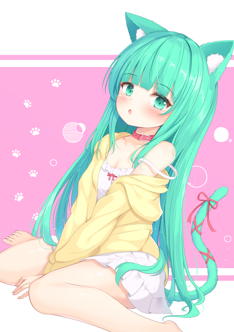 1girl, :o, animal_ear_fluff, animal_ears, bad_id, bad_pixiv_id, bare_legs, barefoot, between_legs, blush, bow, breasts, cardigan, cat_ears, cat_girl, cat_tail, cleavage, collar, collarbone, dress, green_eyes, green_hair, green_tail, hand_between_legs, jacket, long_hair, long_sleeves, mikaze_oto, off_shoulder, open_clothes, open_mouth, original, simple_background, single_bare_shoulder, sitting, skirt, solo, spring_green_eyes, spring_green_hair, spring_green_t-shirt, tail, tail_ornament, thighs, very_long_hair, wariza, white_skirt, yellow_cardigan, yellow_jacket