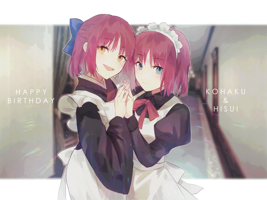 2girls, apron, black_dress, black_kimono, blue_bow, blue_eyes, blush, bow
