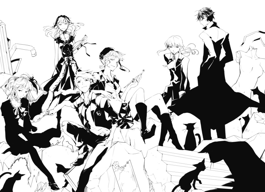 35, 3boys, 3girls, beatrice, claire_bernardus, kiseru, monochrome, multiple_boys, multiple_girls, pipe, umineko_no_naku_koro_ni, ushiromiya_ange, ushiromiya_battler, ushiromiya_leon, ushiromiya_lion, willard_h_wright