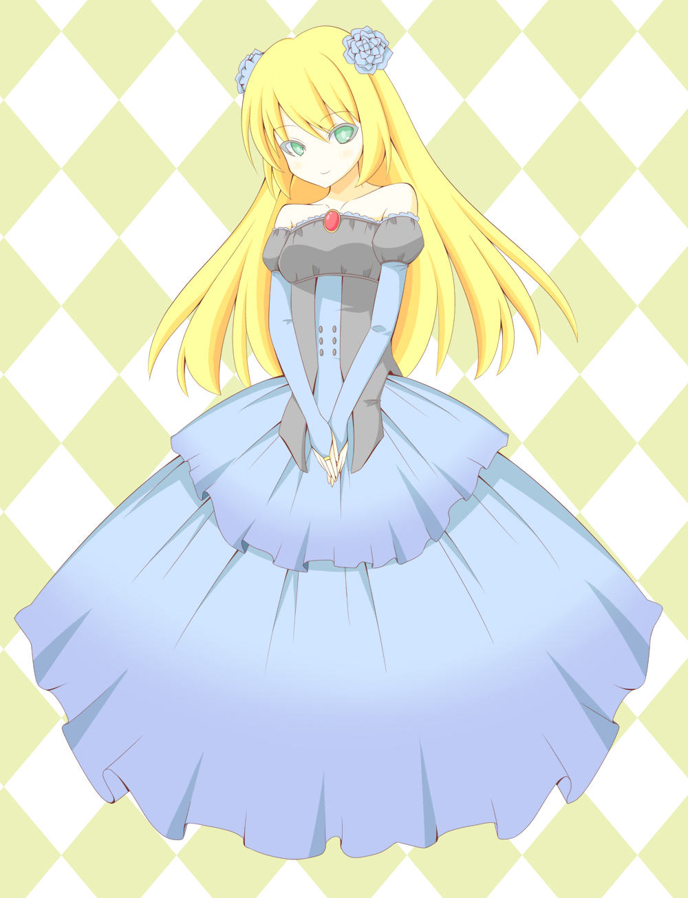 beatmania, blind_justice, blonde_hair, checkered, dress, flower, gown, hair_ornament