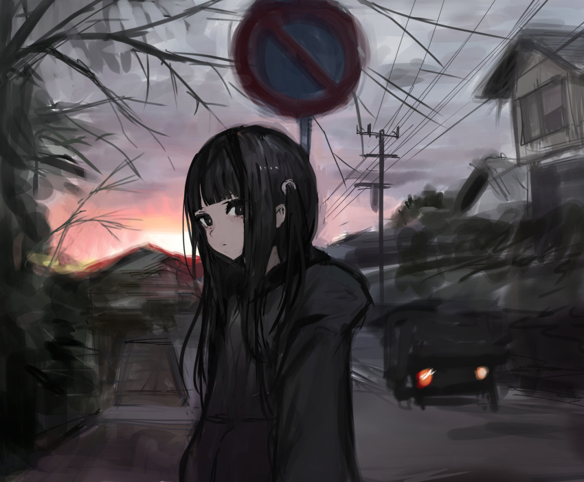 1girl, arms_at_sides, black_eyes, black_hair, black_hoodie, blunt_bangs, blush, car