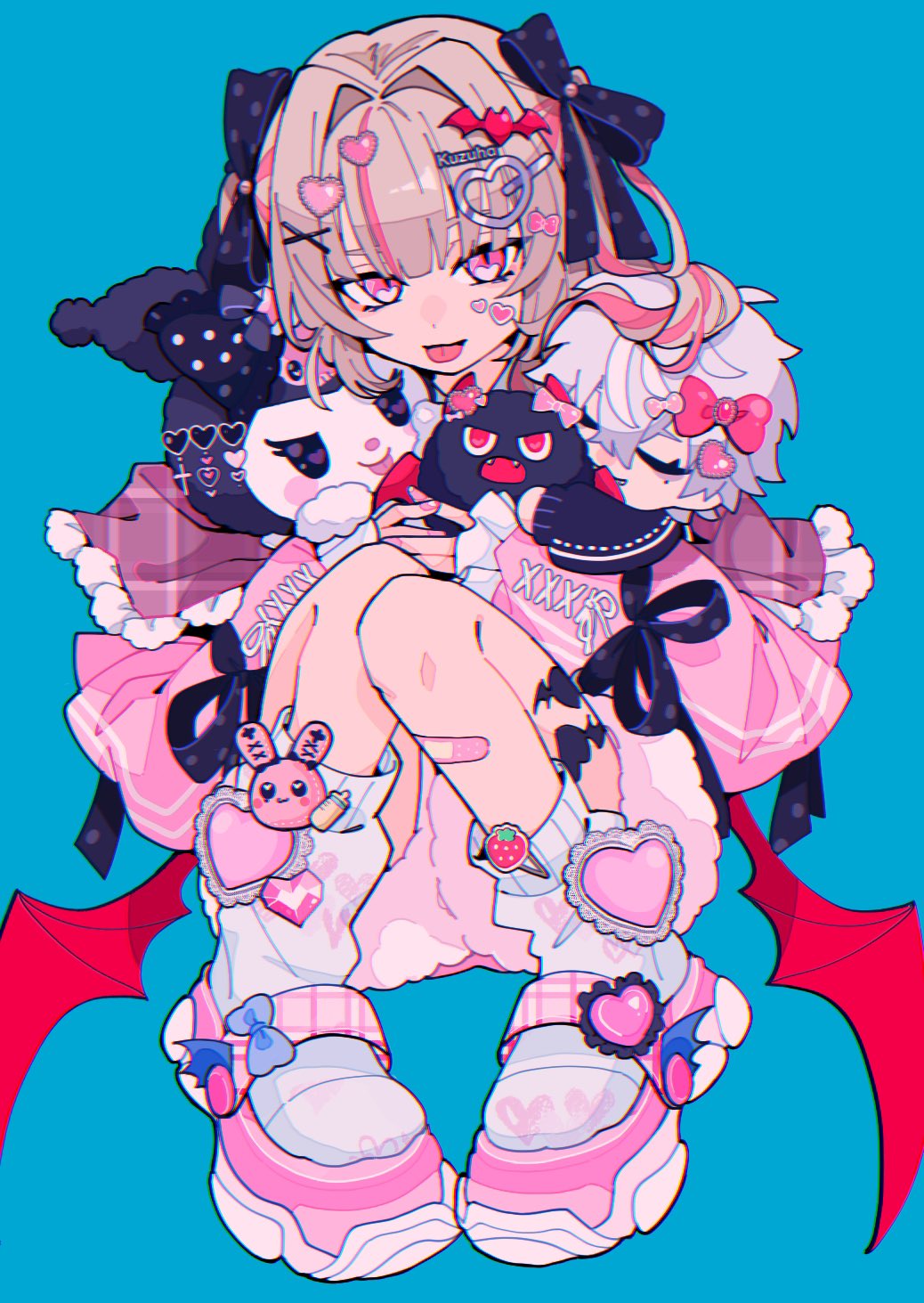 1girl, :p, bandaid, bandaid_on_leg, bat_hair_ornament, bat_wings, black_bow, blonde_hair