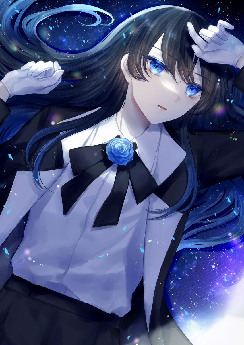 1girl, absurdres, ado_(utaite), black_bow, black_bowtie, black_coat, black_hair, black_pants, blue_eyes, blue_flower, blue_rose, bow, bowtie, chando_(ado), cloud_nine_inc, coat, collared_shirt, commentary, dress_shirt, flower, flower_brooch, gloves, hair_between_eyes, hair_spread_out, hashtag_only_commentary, highres, light_particles, long_hair, looking_at_viewer, open_clothes, open_coat, pants, parted_lips, rose, shirt, shouzai_(ooo1007ooo), solo, utaite, white_gloves, white_shirt