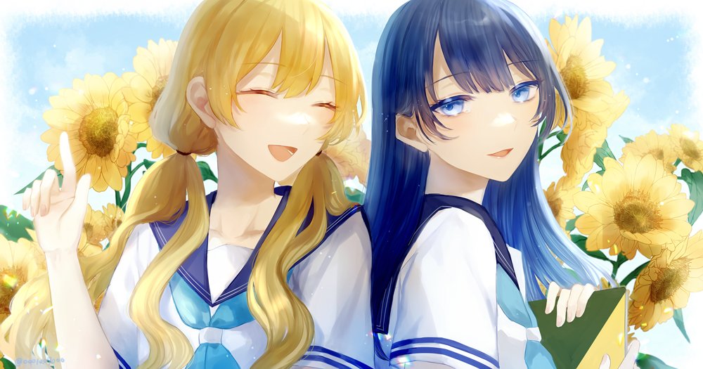 2girls, ^_^, ado_(utaite), aoi_(ado), blonde_hair, blue_eyes, blue_hair, blue_neckerchief, blue_sailor_collar, closed_eyes, commentary, field, flower, flower_field, himawari_(ado), hinata_(ado), index_finger_raised, long_hair, looking_at_viewer, multiple_girls, neckerchief, open_mouth, sailor_collar, school_uniform, serafuku, shirt, short_sleeves, shouzai_(ooo1007ooo), sunflower, sunflower_field, twintails, upper_body, white_shirt