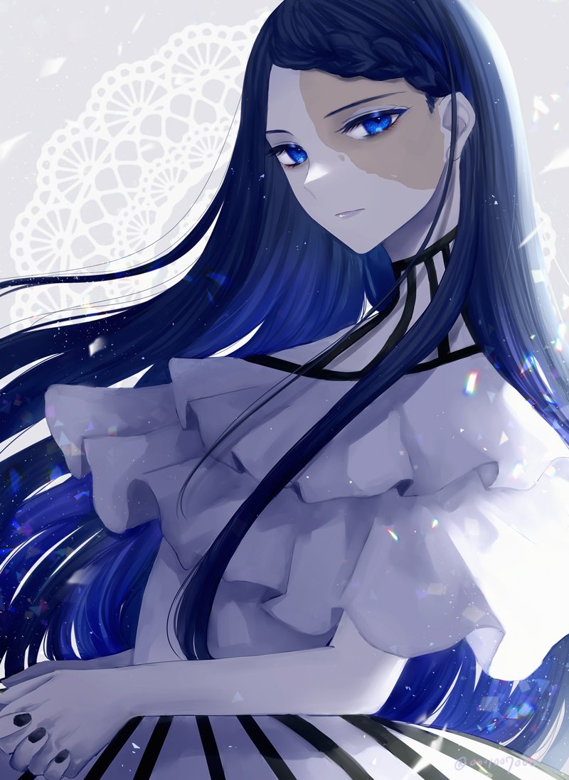 1girl, ado_(utaite), black_nails, blue_eyes, blue_hair, braid, braided_bangs, closed_mouth