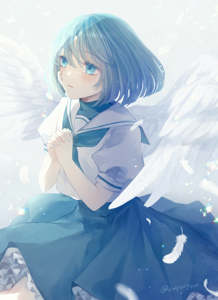 1girl, ado_(utaite), akuru-chan_(ado), angel_wings, bandaid, bandaid_on_face, blue_eyes, blue_hair